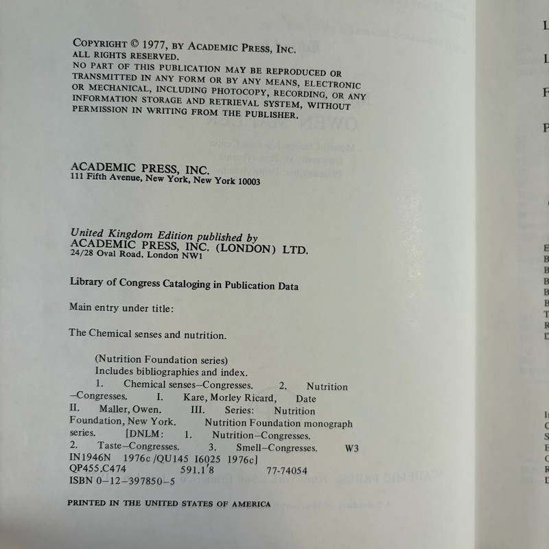 The Chemical Senses and Nutrition 1977 Kare Maller Academic Press HC Monograph gallery